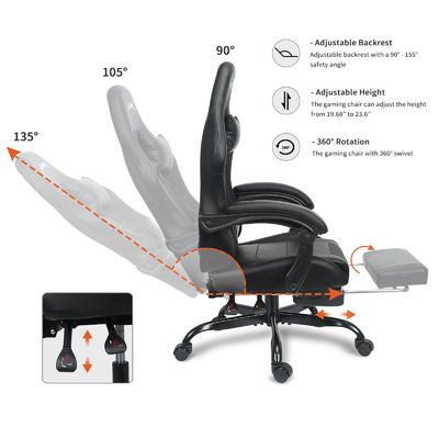 Cadeira de jogos ajustável em altura com suporte lombar e apoio de pé de cor personalizada