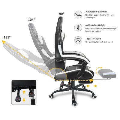 Cadeira de jogo de altura ajustável de design ergonômico com suporte lombar e apoio de pé