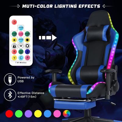 Cadeira giratória de jogos RGB de couro personalizado com barra de luz LED e recurso de massagem