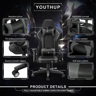 27.5&quot;D x 27.5&quot;W x 46.5&quot;H Cadeira giratória para jogos com barra de luz LED e função de massagem