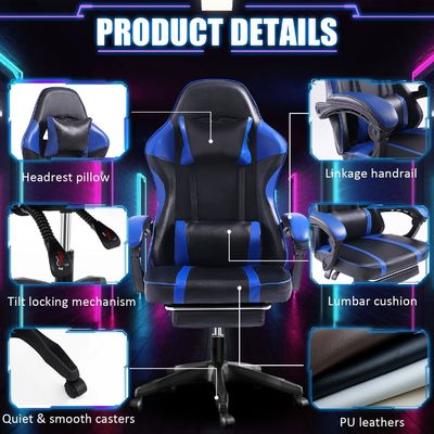 Cadeira de jogos ergonômica giratória 360 com apoio de pé ajustável em altura e reclinação