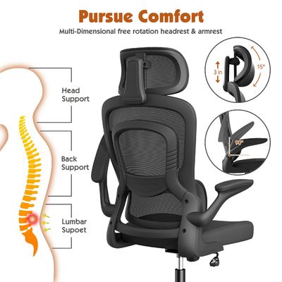 Cadeira de escritório de rede ergonômica de metal de design moderno com suporte lombar e braços flip-up