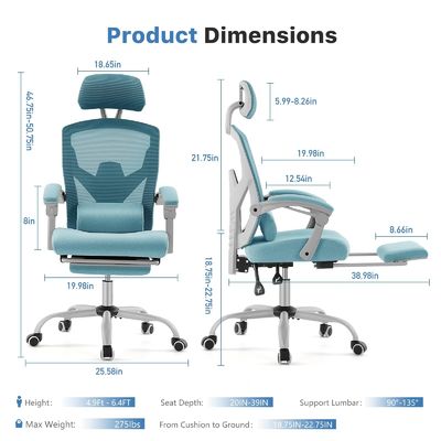 3 Gas Lift Ergonomic High Back Office Chair com almofada lombar e apoio de pé retrátil
