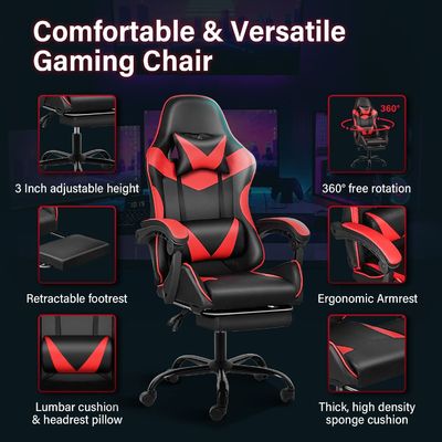 Cadeira de jogos ergonômica com apoio de pé e suporte lombar 20&quot;D x 25&quot;W x 46&quot;H/360 Girável