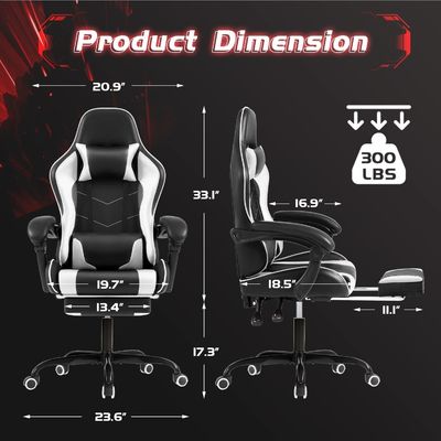 Cadeira de jogos de reclinação ajustável em altura com apoio para os pés e suporte lombar para massagem