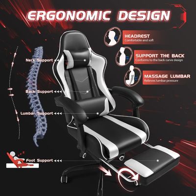 Cadeira de jogos de reclinação ajustável em altura com apoio para os pés e suporte lombar para massagem