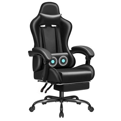 Cadeira de jogo de corrida de couro sintético com suporte lombar de massagem e assento giratório 360