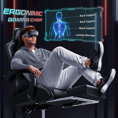 Cadeira de jogo de corrida de couro sintético com suporte lombar de massagem e assento giratório 360