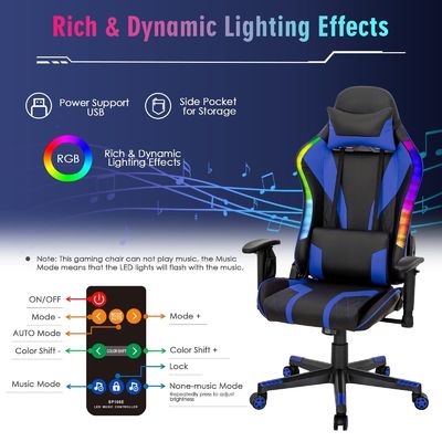 Cadeira de jogos RGB de couro sintético com luzes LED RGB 27&quot;D x 27&quot;W x 53&quot;H ajustável