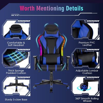 Cadeira de jogos RGB de couro sintético com luzes LED RGB 27&quot;D x 27&quot;W x 53&quot;H ajustável