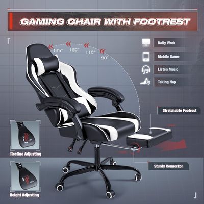 Cadeira de jogo de computador de corrida ajustável com apoio de pé e massagem lombar