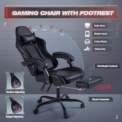 Cadeira de jogo de computador de corrida ajustável com apoio de pé e massagem lombar