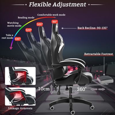 Cadeira de jogo de massagem com computador ergonômico de cor personalizada com luzes LED e apoio de pés