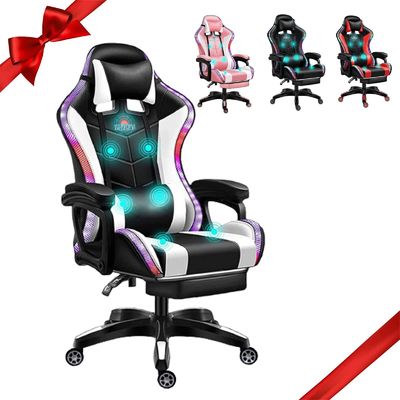 Cadeira de massagem de jogos de PC ALINUNU Cadeira LED giratória de corrida com alto-falantes e travesseiro lombar