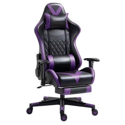 Assento de braço ajustável cadeira de jogos com apoio de pés e massagem em couro roxo