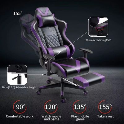 Assento de braço ajustável cadeira de jogos com apoio de pés e massagem em couro roxo