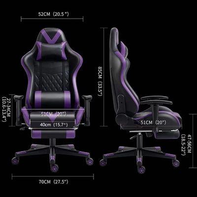 Assento de braço ajustável cadeira de jogos com apoio de pés e massagem em couro roxo