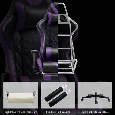 Assento de braço ajustável cadeira de jogos com apoio de pés e massagem em couro roxo