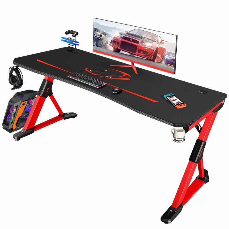 Mesa de jogos em forma de Z de superfície de plástico com suporte de taça e gancho para fones de ouvido