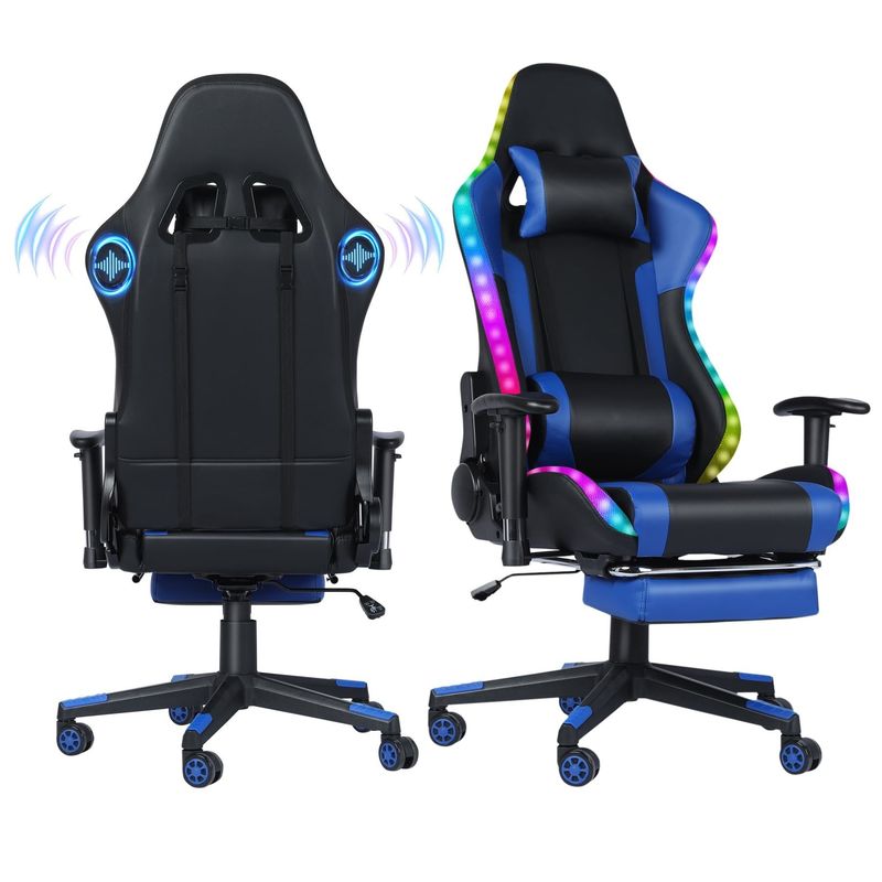 Cadeira giratória de jogos RGB de couro personalizado com barra de luz LED e recurso de massagem