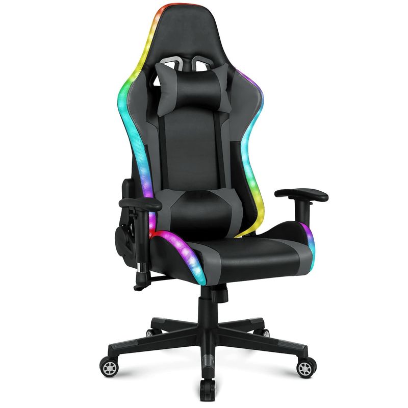 27.5&quot;D x 27.5&quot;W x 46.5&quot;H Cadeira giratória para jogos com barra de luz LED e função de massagem