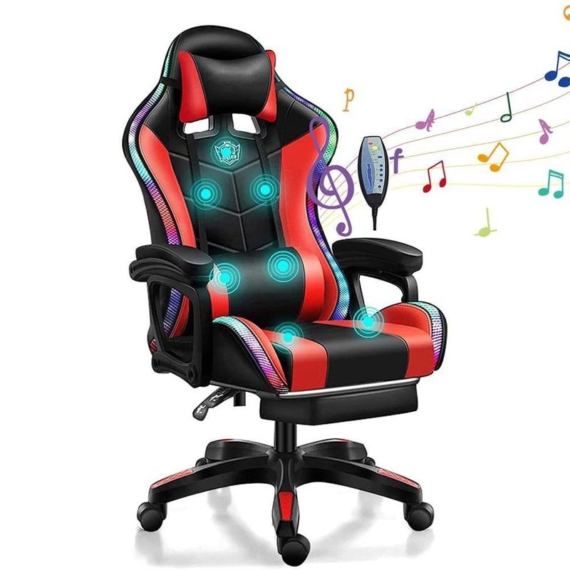 Cadeira de jogos RGB com alto-falantes de massagem de 7 pontos e luz LED em couro sintético