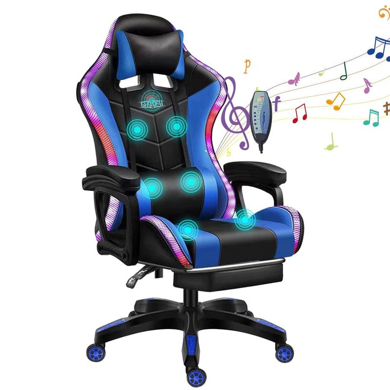 Cadeira de computador ergonômico de escritório de jogos com 7 pontos de massagem e luz LED RGB