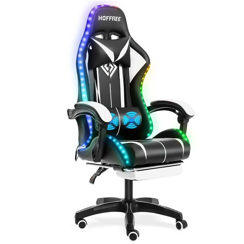 Cadeira de jogo de massagem com computador ergonômico de cor personalizada com luzes LED e apoio de pés